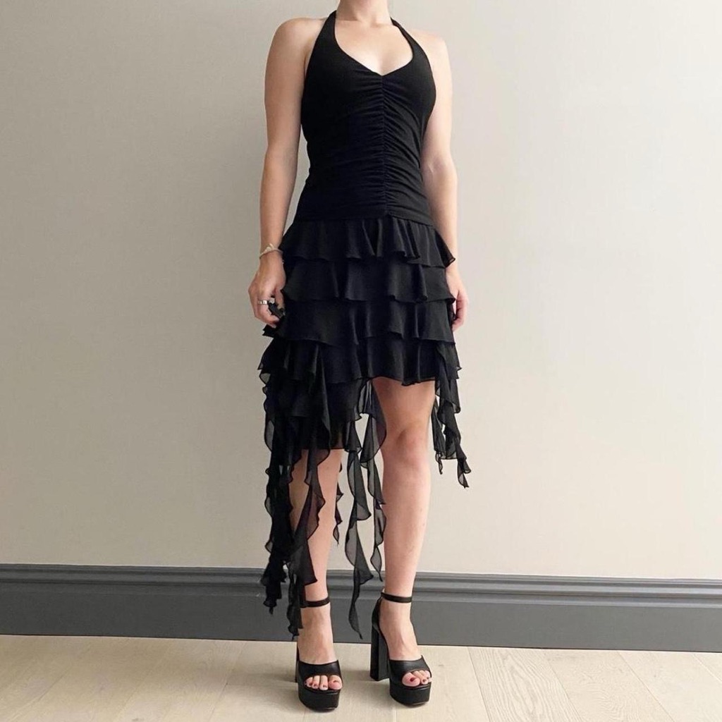Y2k Girly Fairy Black Ruched Jellyfish Asymmetrical Minidress